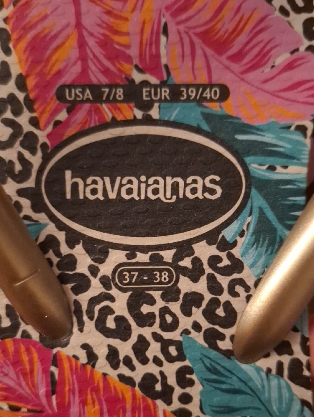 Havaianas Gold-strap Tropical Print Flip Flops - Pink & Teal Sz 7/8 - Picture 3 of 6
